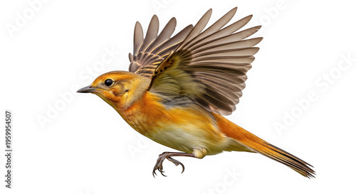 Vibrant orange bird in flight against black background