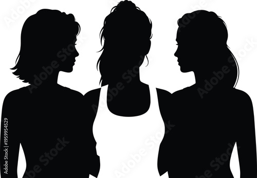 Silhouette of three diverse women standing together, representing female friendship, sisterhood, empowerment, community, unity, and support for social media and marketing.