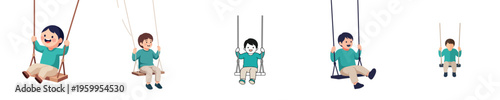 Children joyfully swinging on playground swings, depicted in a series of playful illustrations against a clean white background