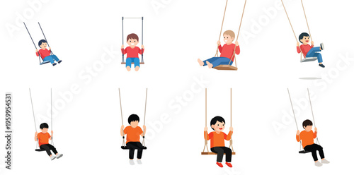 A collection of cute cartoon children joyfully swinging on playground swings, illustrating various poses and happy moments of childhood fun and outdoor play, isolated on white