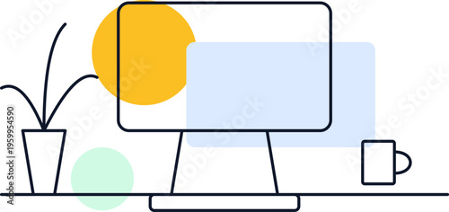 A minimalist flat vector illustration of a modern office desk setup with a computer and a plant.