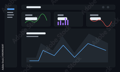 A dark mode digital dashboard interface featuring various analytical charts and data visualizations