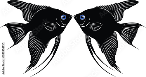 Symmetrical black angelfish silhouette illustration with blue eyes, tropical freshwater aquarium fish, decorative aquatic pet vector art on white background