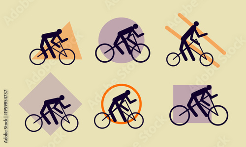 A collection of stylized icons featuring minimalist stick figures riding bicycles on shapes