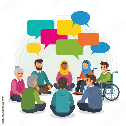 Diverse group of people talking.