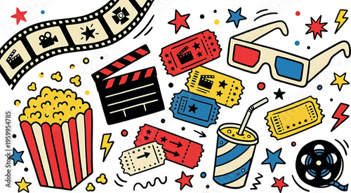 Colorful movie and cinema themed icons isolated on transparent background