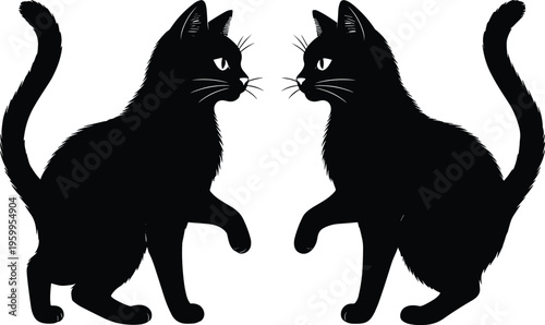 Two black cat silhouettes sitting and facing each other with raised paws isolated on white background for pet design projects