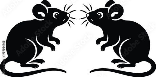 Two black mouse silhouettes facing each other in mirrored design isolated on white background for rodent animal pest control concept