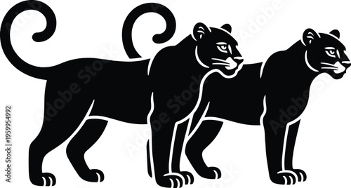 Two black panther silhouettes vector illustration isolated on white background, stylized jungle cats wildlife graphic art for modern logo design