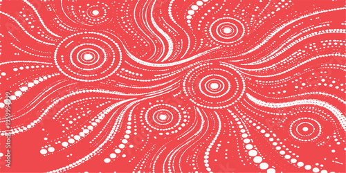 Aboriginal Dot Art:  An captivating artwork in shades of red and white, symbolizing ancestral narratives, spiritual connections and the vibrant storytelling of Australia's Indigenous culture. 