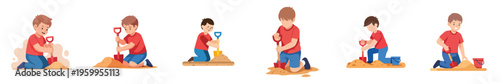 Children happily playing with sand and shovels on a sunny day at the beach, building sandcastles and having fun