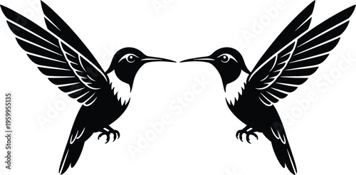 Two Hummingbirds Symmetrical Vector Illustration, Minimalist Black and White Flying Birds Graphic, Mirror Image Nature Wildlife Design, Tropical Avian Stencil Art