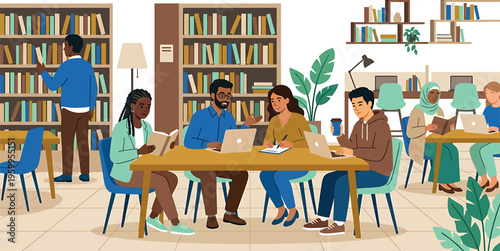 A group of people studying together isolated on transparent background