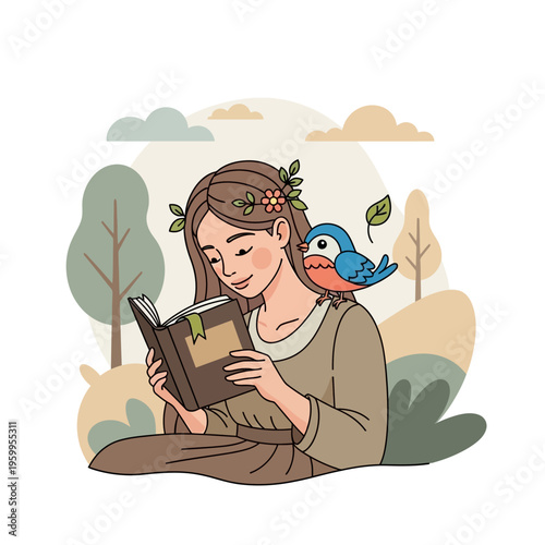 Woman reading book with bird.
