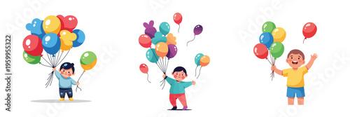Festive illustrations of children happily holding colorful balloons, perfect for celebrations and joyful events