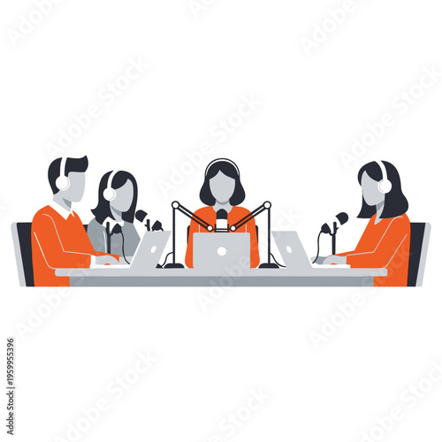 Four people podcasting and recording audio using microphones and laptops in a studio