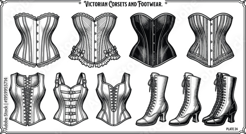 Victorian corsets and footwear set vector illustration, vintage feminine lingerie and lace-up boots, antique fashion collection, retro corsetry, historical garment.