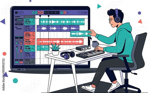 A cartoon man working on a computer with a large screen isolated on transparent background