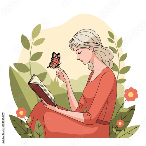 Woman Reading Book with Butterfly.