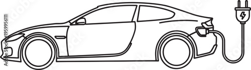 Black line drawing electric car being charged from socket