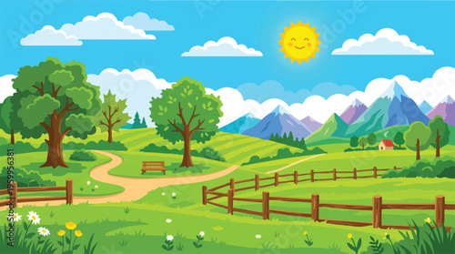 Cartoon summer landscape with green hills and mountains, sunny rural countryside vector with wooden fence, bright nature background for children