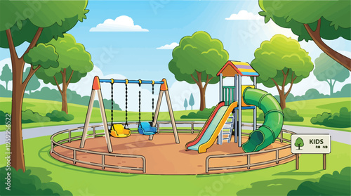 Colorful kids playground vector illustration, outdoor children play area with slide and swings, sunny public park landscape with green trees