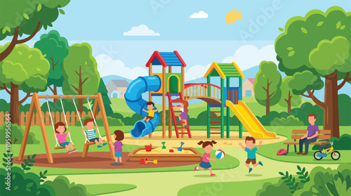 Colorful kids playground vector illustration, happy children playing on swings and slides in public park, summer outdoor recreational activity scene