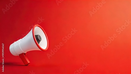 White and red megaphone on red background for announcement or communication purposes  loudspeaker for public address