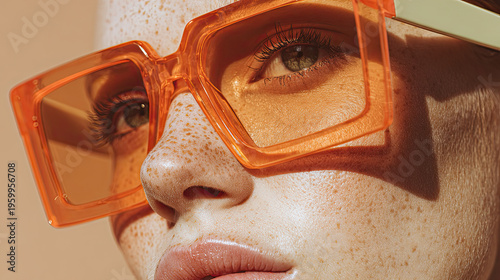 Ultra detailed close up of young woman with freckles wearing oversized orange sunglasses, her striking features and vibrant style. image captures bold and fashionable look