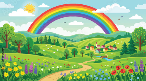Cartoon landscape with rainbow and rolling green hills, colorful summer meadow with wildflowers and village, sunny countryside vector illustration