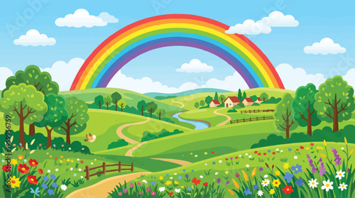 Vibrant cartoon landscape with colorful rainbow, rolling green hills and flowery meadow, idyllic countryside vector background with river and trees