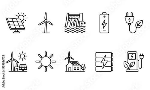 Eco friendly energy icons, sustainable power symbols, renewable resources graphics, green technology illustrations