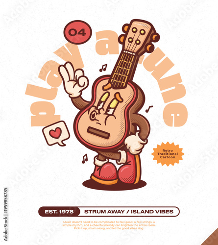 Ukulele Guitar Trendy Retro Cartoon Vector Hand Drawn  4