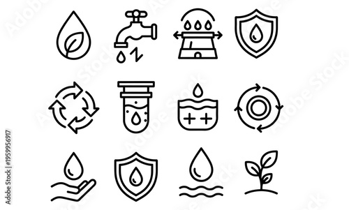 Eco friendly icons, sustainability symbols, environmental protection signs, water conservation logos, 12 vector graphics