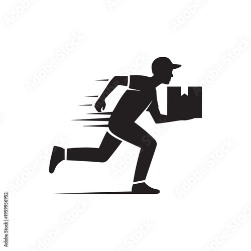 Fast delivery service courier silhouette running with a cardboard package box