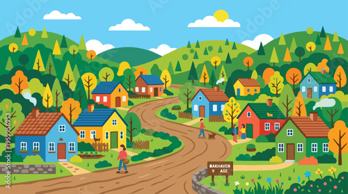 Flat vector landscape of a colorful village in the hills, quaint countryside town with small houses and winding road, scenic rural community illustration