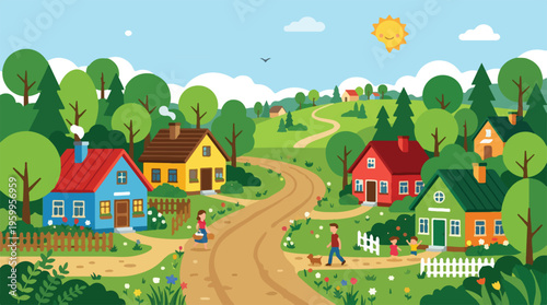 Cartoon village landscape with colorful houses and winding road, rural countryside scene with green hills and trees, sunny summer day vector background