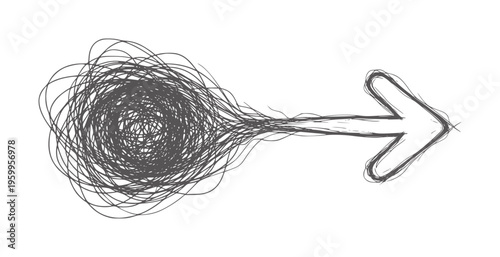 Abstract black ink of a whisk with tangled lines transitioning into an arrow white