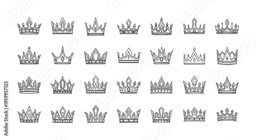 Black and white hand drawn crowns collection in various styles and royalty handdrawn