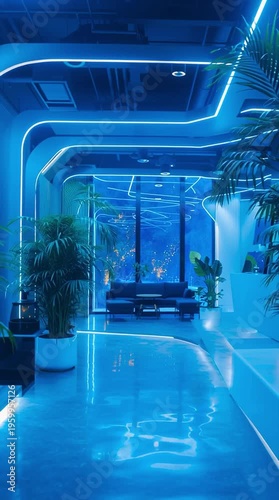 Futuristic Office Lobby With Blue Neon Lighting