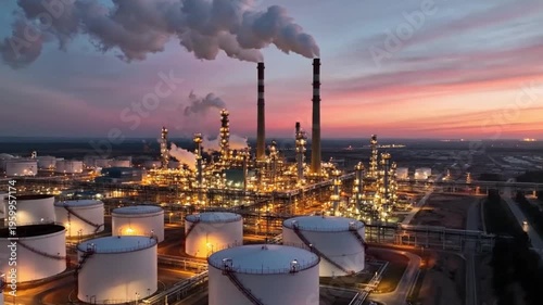 Oil refinery plant with smokestacks and storage tanks at dusk with pink and purple sky