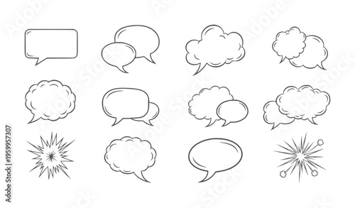 Collection of black and white empty comic speech bubbles and explosion stars thought