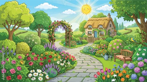 Charming cottage garden vector illustration, idyllic countryside landscape with blooming flowers and stone path, sunny rural backyard scene background