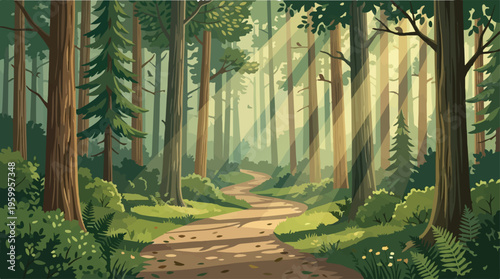 Enchanted forest landscape with winding dirt path, sunbeams filtering through tall green trees, peaceful woodland scenery vector illustration