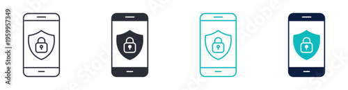 Mobile security lock icon set, smartphone protection shield padlock symbol, outline and solid and color style. Vector illustration.