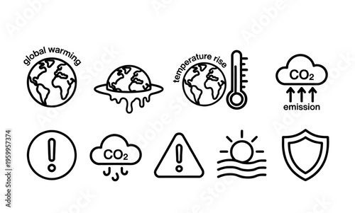 Environmental icons, eco symbols, climate change graphics, global warming illustrations, 10 vector elements