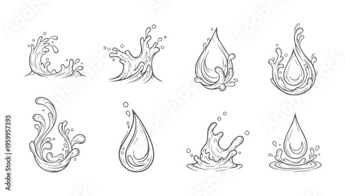 Eight monochrome hand drawn water splash and droplet splashes droplets handdrawn