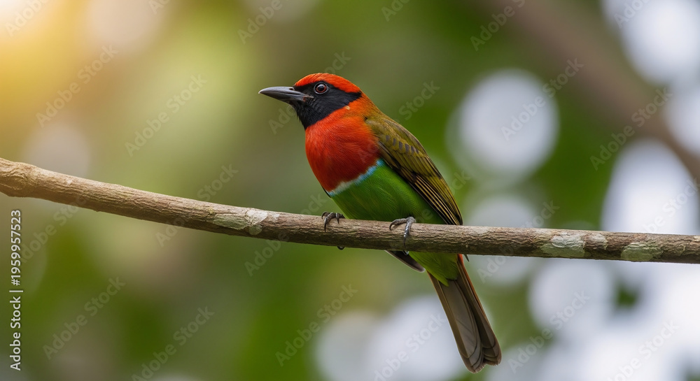 Obraz premium Small Tropical Bird with Red Chest Sitting on Branch in Soft Background