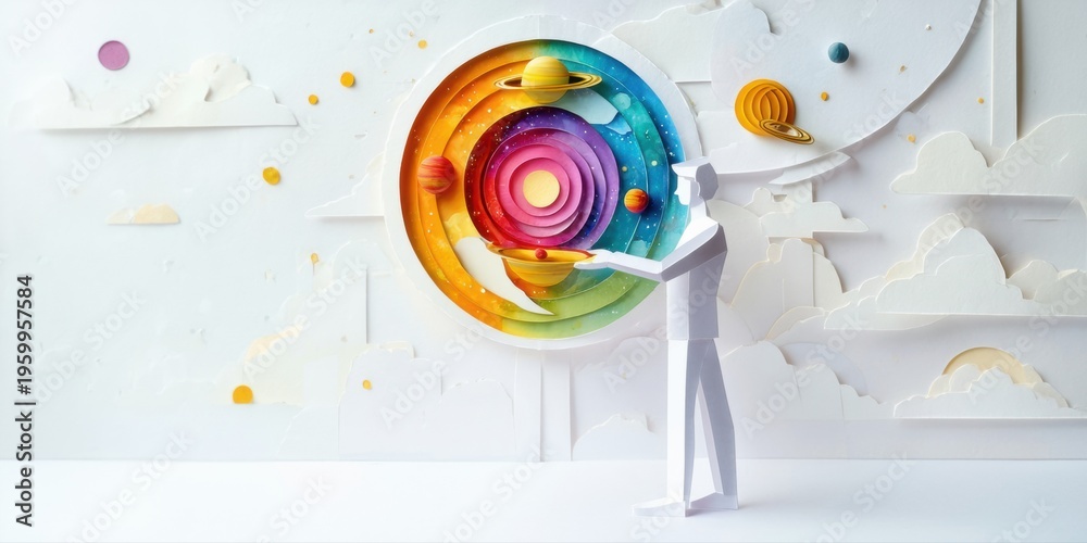 Fototapeta premium Papercraft figure presents colorful planetary system. Clouds, stars surround circular design. Minimalist style, bright hues dominate composition.