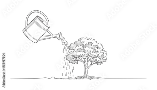 Hand drawn watering can pouring water onto a growing tree